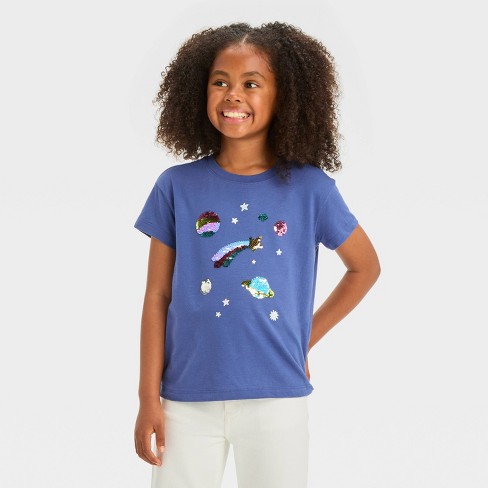 Girls constellation Flip Sequin Short Sleeve T shirt Cat Jack Blue Xs Target