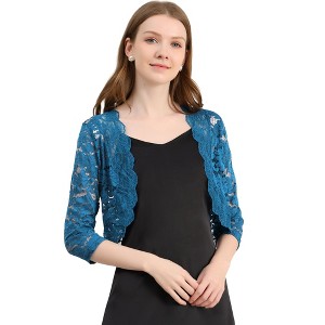 INSPIRE CHIC Women's Elegant 3/4 Sleeve Sheer Floral Lace Open Front Crop Shrug - 1 of 4