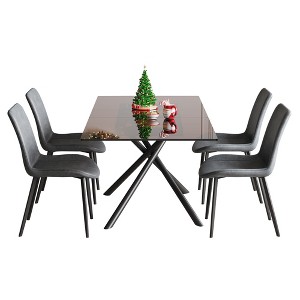 Gulches 5-Piece Expandable Dining Set, 59" Black Sandblasted Glass Table & 4 Gray Ergonomic Chairs, X-Base 4-8 Seater for Small Spaces/Kitchen - 1 of 4