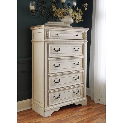 Charming Cottage White 5-Drawer Chest with Distressed Wood Top