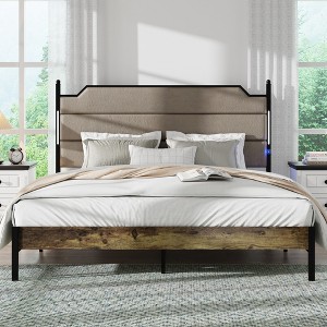 King Size Bed Frame with Upholstered Headboard, Charging Station and LED Lights - 1 of 4