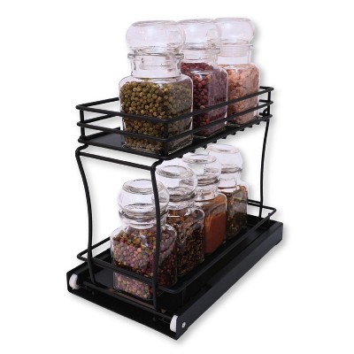 Wondersome Pull-Out Spice Rack Organizer for Cabinet Shelf - Matt Black - 2-Tier Kitchen Jars Organization and Storage Tray - EZ-Slide Rolling Drawer Wheels