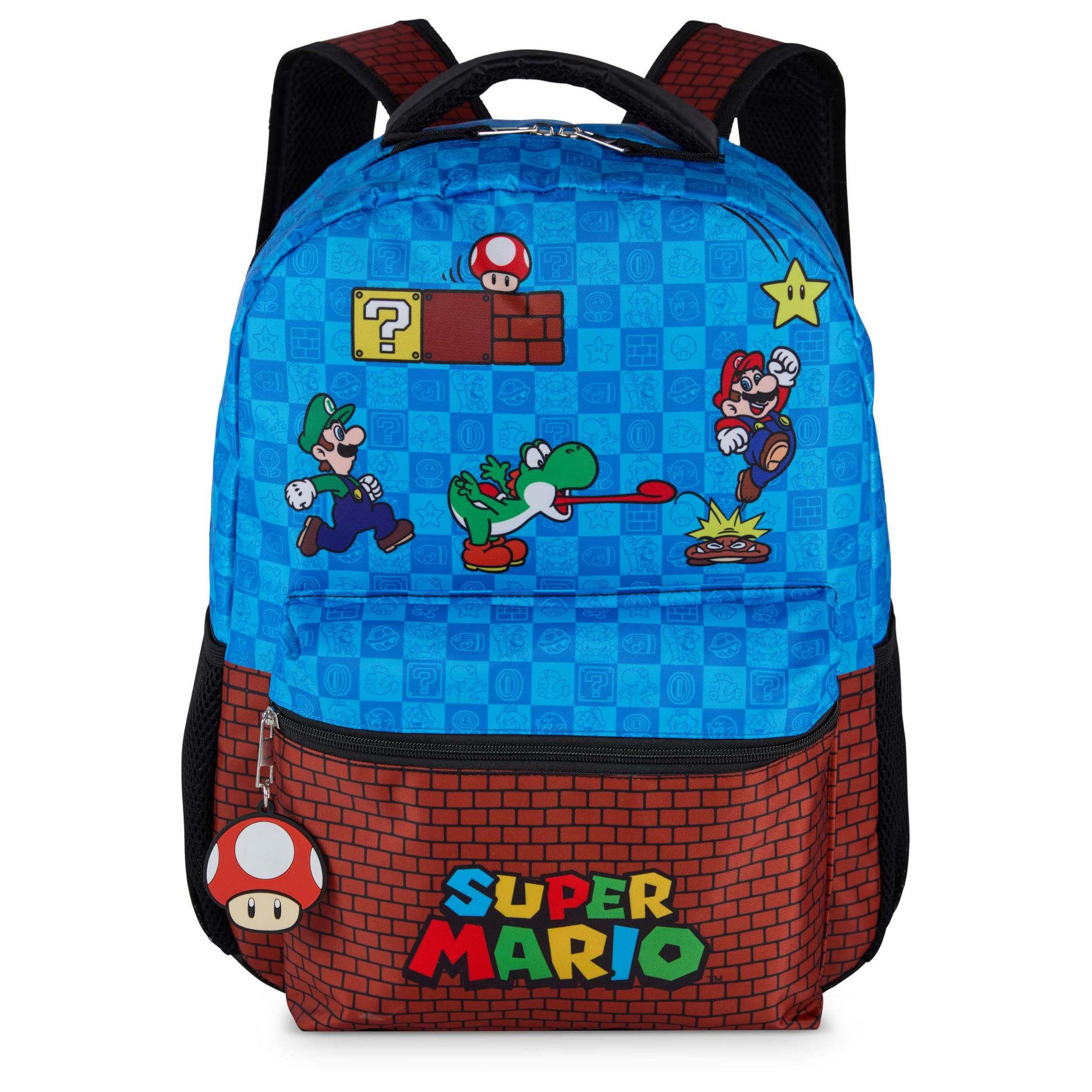 Super Mario Brothers Backpack for Boys & Girls, 16 Inch Gaming Bookbag with Molded Toad Dangle, Blue, Featuring Mario, Luigi, Yoshi & Toad