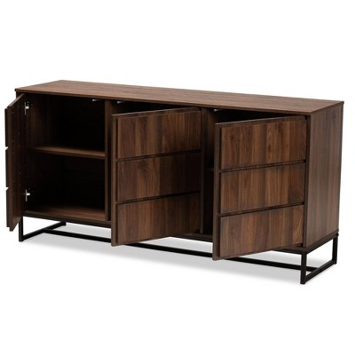 Neil Walnut Brown and Black Metal 3-Door Dining Sideboard