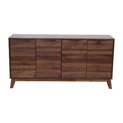 Hatfield Dark Walnut Mid-Century Modern 4-Door TV Stand with Adjustable Shelves