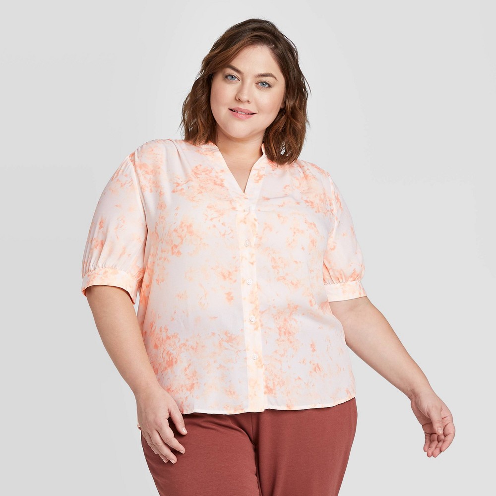 Women's Plus Size Floral Print Short Sleeve Tie-Dye Button-Front Blouse - Ava & Viv Pink 4X, Women's, Size: 4XL was $24.99 now $17.49 (30.0% off)