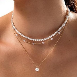 HTUTWOO Gold Pearl Necklace , Dainty 14K Gold Plated Layered Pearl Pendant Clavicle Chain, Retro Layered Necklace for Women - 1 of 4