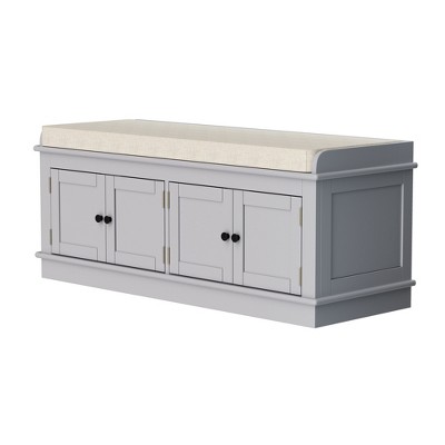Gray Wash Upholstered Storage Bench with Cushion and Doors