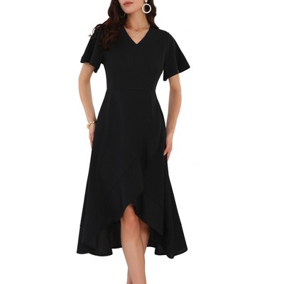 INSPIRE CHIC Women's Wedding Guest Ruffles Split V Neck Cocktail Evening Flared Midi Dress