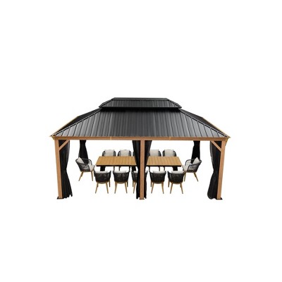 PURPLE LEAF Outdoor Hardtop Gazebo for Patio Galvanized Steel Double Roof Permanent Canopy Teak Finish Aluminum Frame Pavilion Gazebo with Netting
