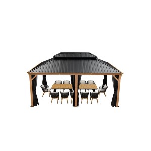 PURPLE LEAF Outdoor Hardtop Gazebo for Patio Galvanized Steel Double Roof Permanent Canopy Teak Finish Aluminum Frame Pavilion Gazebo with Netting - 1 of 4