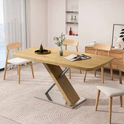 JUJABU Dining Table, for 4-6 People, with Crossed Metal Base and Stainless Steel Tubes, Extendable desktop