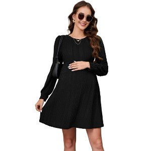 Maternity Dress Lantern Sleeve Crew Neck Tunic A-Line Swing Knit Dress Casual Loose Winter Pullover Sweater Midi Dresses - 1 of 4