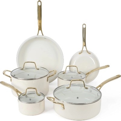 BRINJOY Premium 10-Piece Nonstick Cookware Set - PFA-Free Ceramic Coating, Enameled Aluminum with Gold Handles (Linen White)