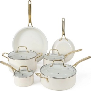BRINJOY Premium 10-Piece Nonstick Cookware Set - PFA-Free Ceramic Coating, Enameled Aluminum with Gold Handles (Linen White) - 1 of 4
