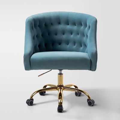 Anika Velvet Height-adjustable Swivel Task Office Chair with Button-tufted Back and Gold Base | Karat Home