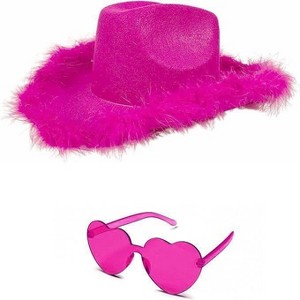 4E's Novelty Cowboy Hat with Feathers with Heart Shaped Sunglasses for Women, Felt Cowgirl Hat for Party Costume Dress Up (Hot Pink) - 1 of 4