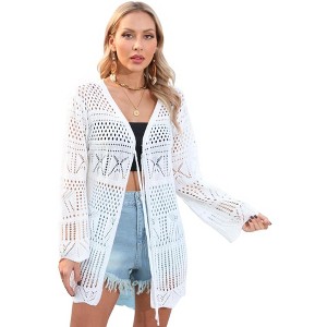 Clearlove Women's Lightweight Crochet Cardigan Sweaters Long Sleeve Open Front Knit Beach Cover up - 1 of 4