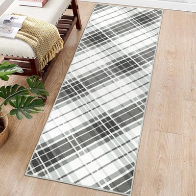 Machine Washable Runner Rug 2x6 Plaid Hallway Runner Vintage Lines Print Entryway Runners Non Slip Kitchen Rug Indoor Foldable Thin Rug for Laundry