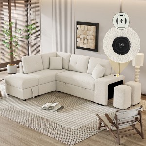 87.7" L-Shaped Convertible Sleeper Sectional Sofa with Storage Ottoman, Wireless Charger, USB Ports & Hidden Stools - 1 of 4