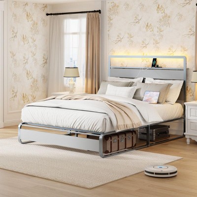 Streamdale King Size Metal Bed Frame with Headboard, Charging Station, LED Lights