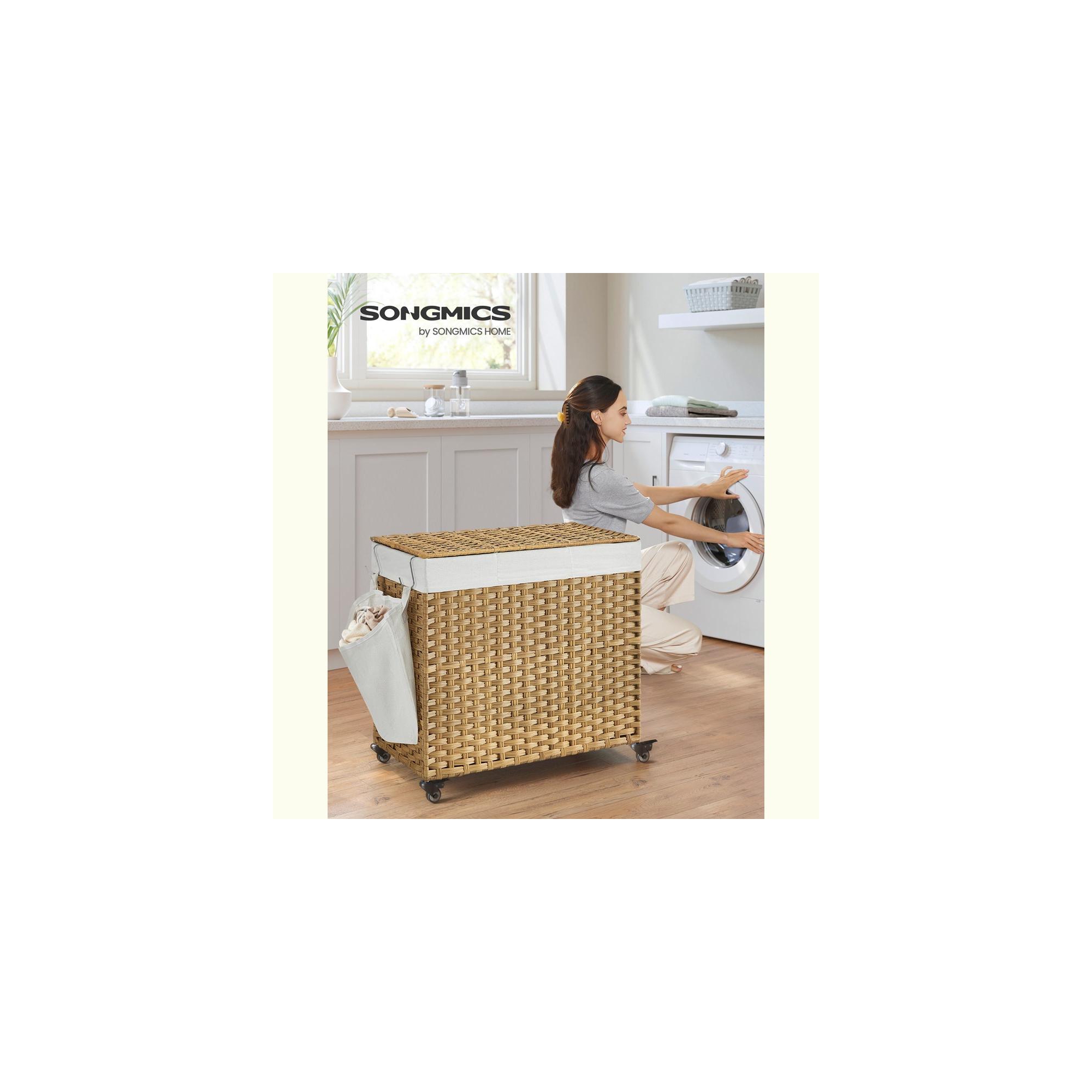 160L Laundry Hamper with Lid Rolling Laundry Basket with Wheels 3-Section Synthetic Rattan Laundry Hamper Natural