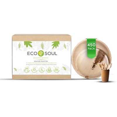 ECO SOUL Round 100 Percent Compostable, Biodegradable, Disposable Palm Leaf Plates and Birchwood Dinnerware Set, Microwave and Oven Safe (450 Piece)
