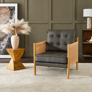 KINWELL Mid-Modern Accent Chair with Jute Rope Arms & Top-Grain Leather Upholstery - 1 of 4