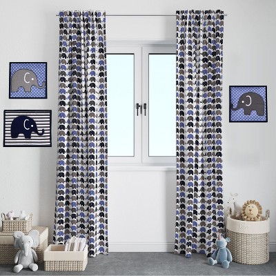 Gray and Blue Cotton Elephant Print Light-Filtering Curtain Panel