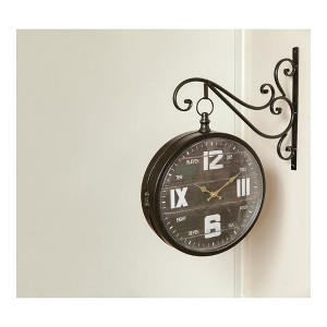Manual Woodworkers and Weavers Bracket Wall Clock with Vintage-Inspired Iron Frame and Double-Sided Station Style Design - 1 of 3