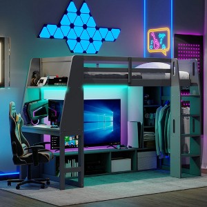 Polibi Next-Gen Gaming Loft Bed with Built-In Desk, LED Lighting, Open Closet Rack & Storage - 1 of 4