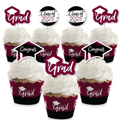 Big Dot of Happiness 2025 Maroon Graduation Cupcake Decoration - Party Cupcake Wrappers and Treat Picks Kit - Set of 24