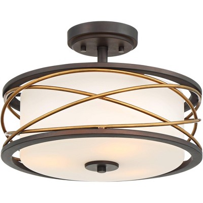 Possini Euro Design Modern Ceiling Light Semi Flush Mount Fixture Bronze Warm Brass 14 1/2" Wide White Glass Drum Shades Bedroom