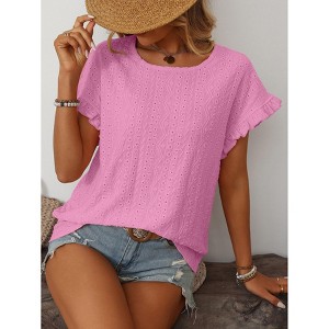 Womens Summer Ruffle Short Sleeve Round Neck Shirts Casual Loose Fitting Hollow Out Top - 1 of 4