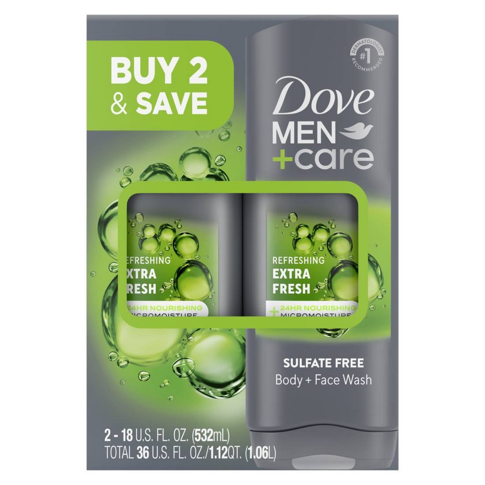 Photos - Shower Gel Dove Men+Care Extra Fresh Sulfate-Free Refreshing Body and Face Wash - 18 fl oz/2ct: Vegan, Gel Form, Normal to Mature Skin,