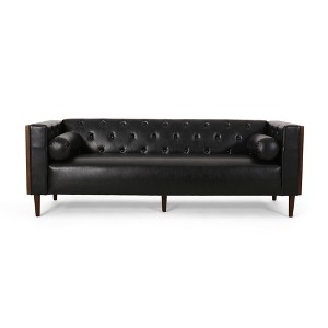 90" Contemporary 3-Seater Sofa with Tufted Diamond Stitch, Rolled Accent Pillows, and Wood-Like Accents - 1 of 4