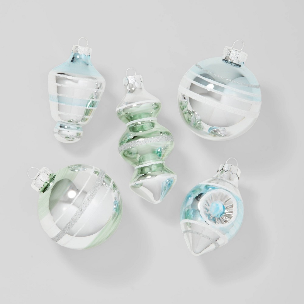 14ct Striped Glass Christmas Tree Ornament Set White/Silver/Blue/ Green - Wondershop