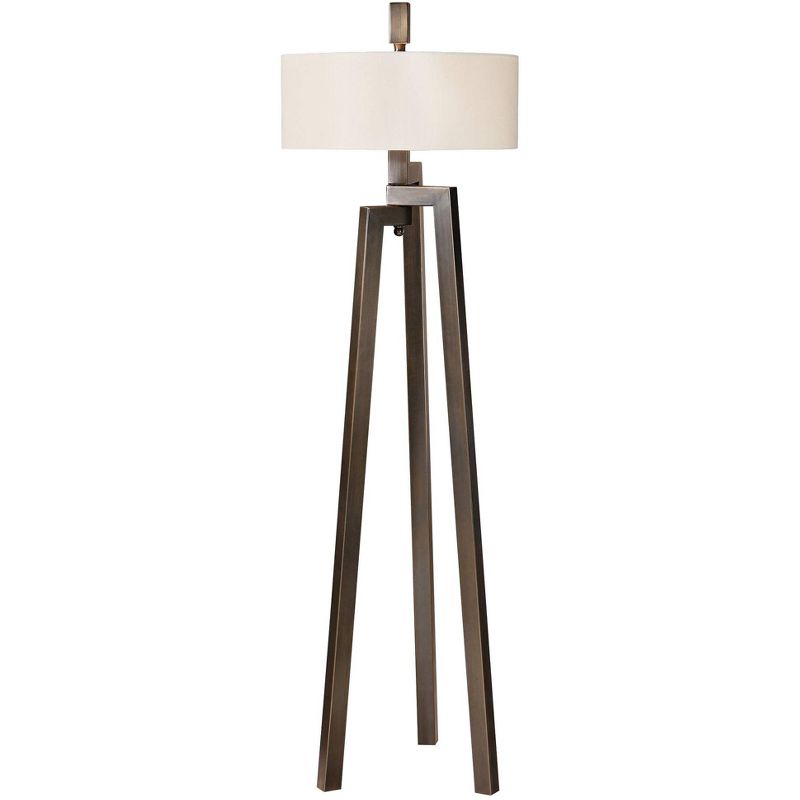 Uttermost Modern Tripod Floor Lamp 2-Light 60" Tall Brushed Bronze Gold White Linen Drum Shade for Living Room Reading House Home, 1 of 4