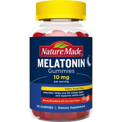 Nature Made Melatonin 10mg per serving Gummies, Maximum Strength Dosage, 100% Drug Free Sleep Aid for Adults, 60 Melatonin Gummies, 30 Day Supply.