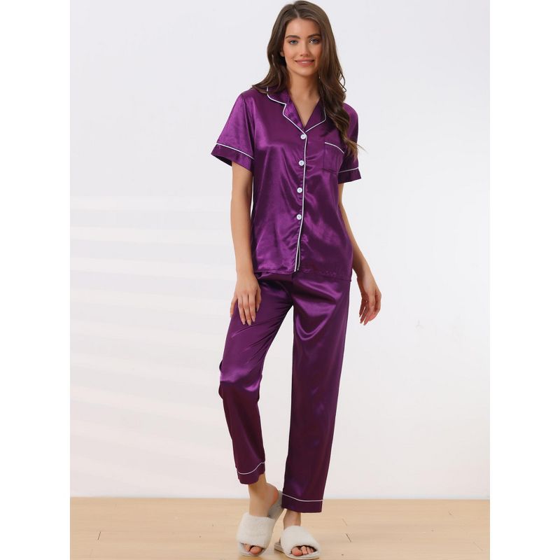 cheibear Women's Buton Down Sleepwear with Pants Nightwear Lounge 2-Pc Pajama Set, 2 of 6
