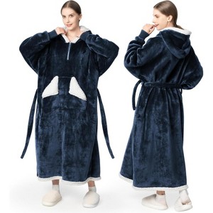 FAAYFIAN Long Faux Shearlin Wearable Blanket Hoodie for Women with Belt, Oversized Hoodie Blanket with Hood & Pocket, Cozy Winter Loungewear - 1 of 4