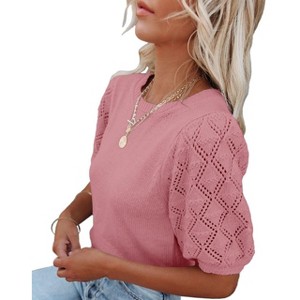 Women's Round Neck Short Sleeve Sweater Summer Casual Puff Sleeve Pullover Knit Top - 1 of 3