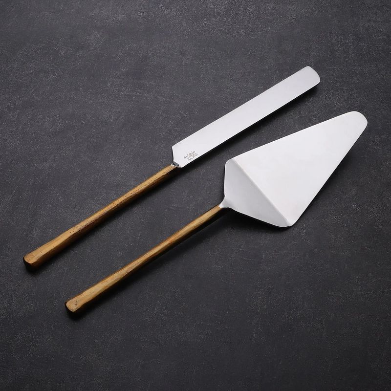 Vintage Gold and Stainless Steel Cake Server Set with Wooden Handles