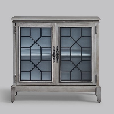 Grey 36 inch Wide Vintage Style Accent Cabinet with Glass Doors and Solid Wood Legs