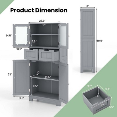 Gray MDF Floor Cabinet with Glass Doors and Adjustable Shelves