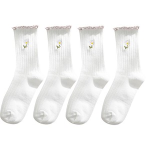 Anna-Kaci Women's 4 Pairs Ribbed Knit Socks with Daisy Embroidery Lettuce Edge Cuffs Soft Stretch Fabric - 1 of 4