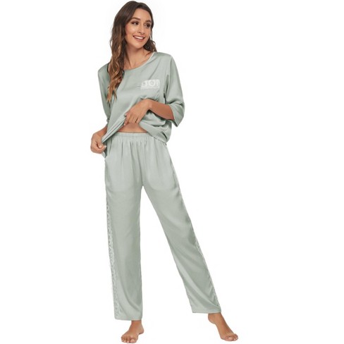 Cheibear Womens Satin Sleepwear Lounge With Pants Nightwear 3/4 Sleeves ...