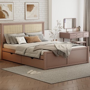 NicBex Full/Queen Size Wood Storage Platform Bed Frame with Natural Rattan Headboard and 4 Drawers,No Box Spring Needed,Easy Assembly,Natural/Espresso - 1 of 4