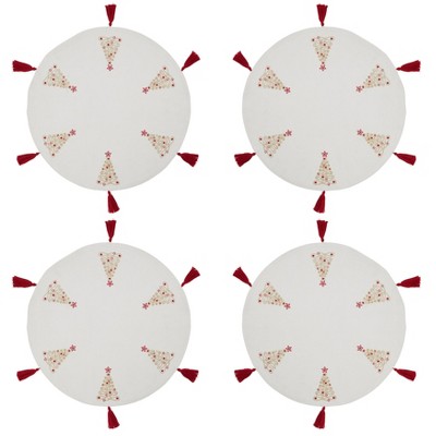 Round White Cotton Placemats with Red Embroidered Christmas Trees, Set of 4