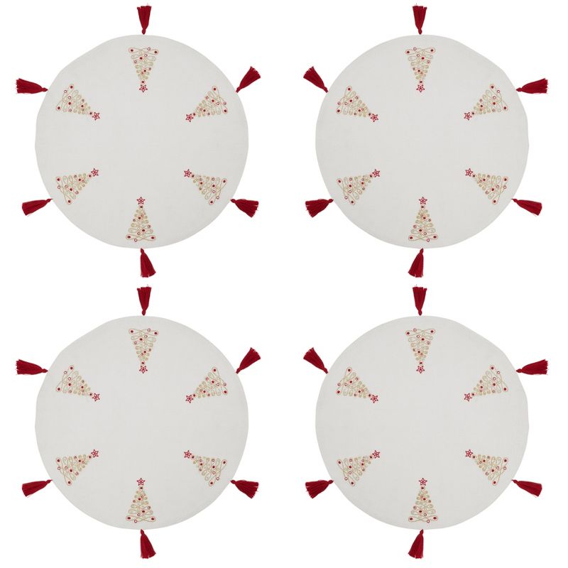 Saro Lifestyle Saro Lifestyle Embroidered Christmas Trees Round Placemats (Set of 4), Red/White, 14", 3 of 5